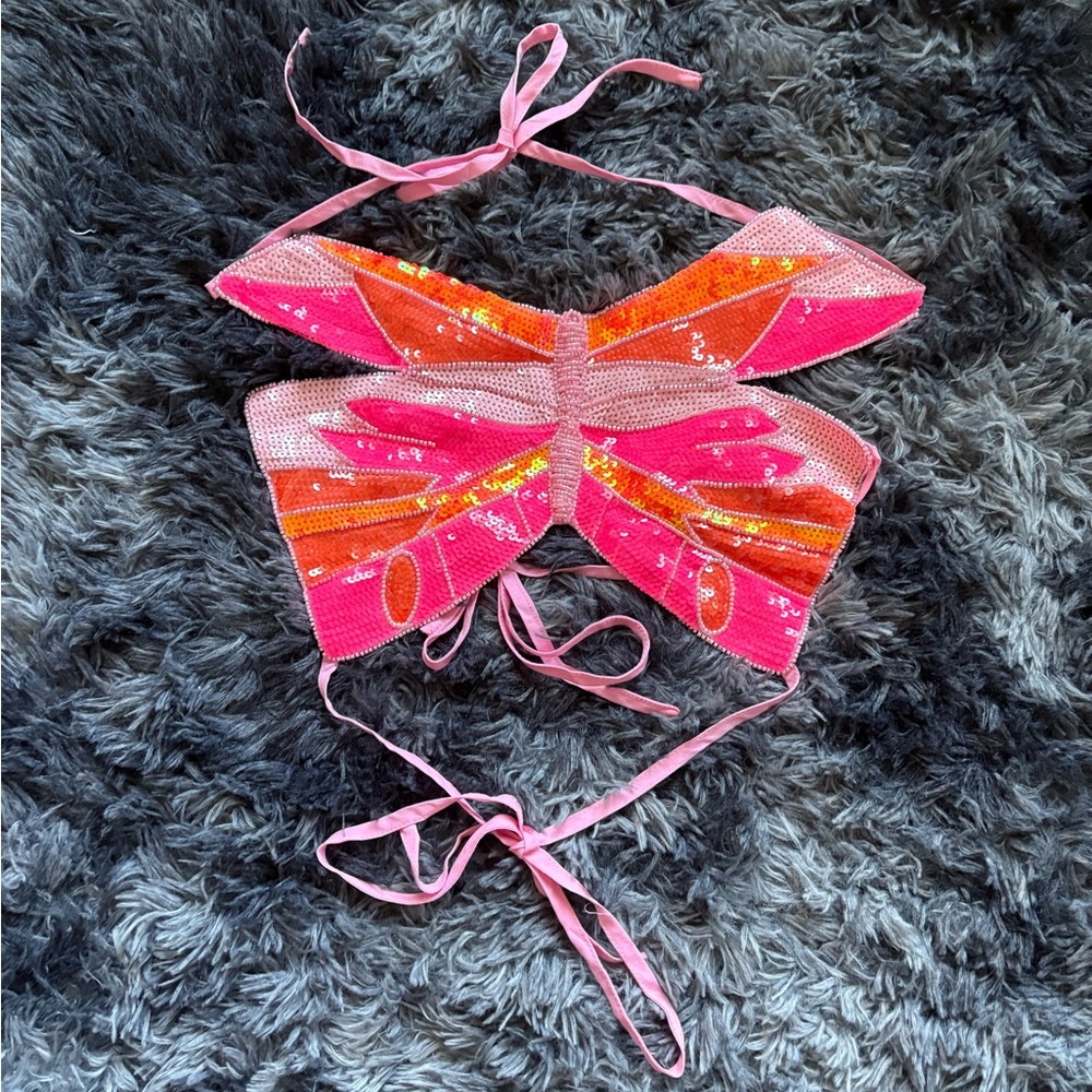 Dolls Kill Sequin Butterfly Tie Top – Pink, Orange Halter Top – Size: S/M (NWT)